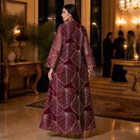 Abaya en maille de polyester brodée avec des perles de sequins 3D, col mandarin et manches évasées pour l'Aïd, les banquets du soir et les soirées formelles