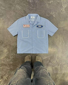 T-shirt da uomo a maniche corte oversize con ricamo personalizzato, stampa a righe, abbottonatura, vestibilità ampia, stile streetwear, crop top, <span class=keywords><strong>camicia</strong></span> da lavoro - Product Image 2