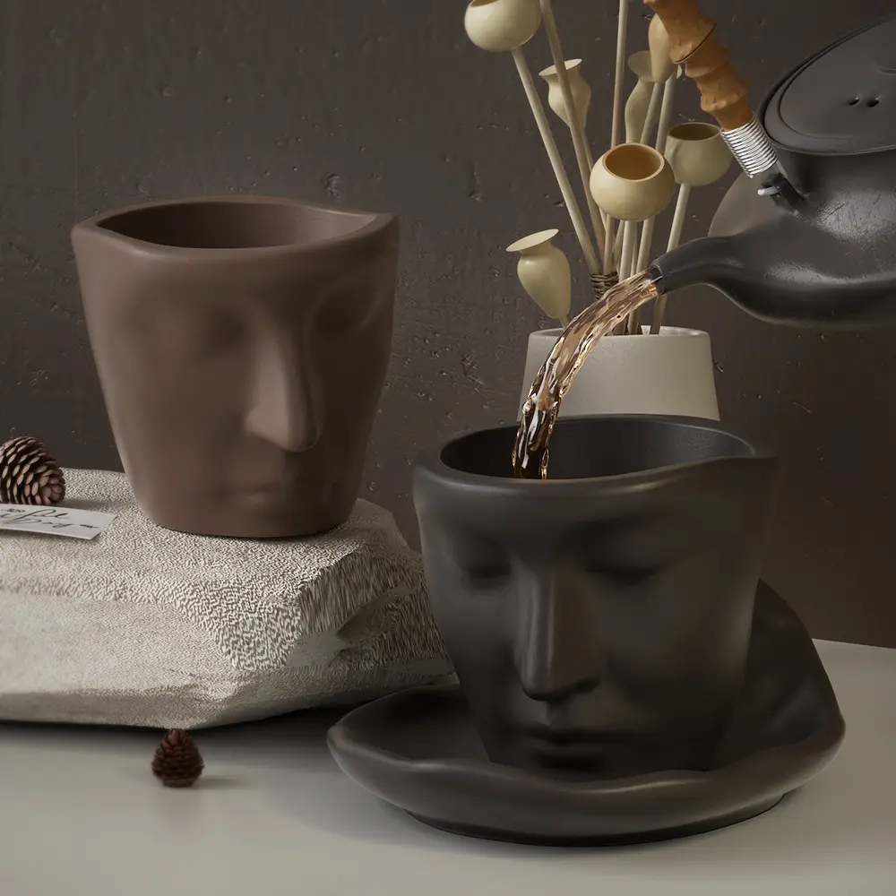 3d gesichtsskulptur abstrakte kunst denkender gips ton gesicht silikon kaffeetasse und untertasse set silikonform