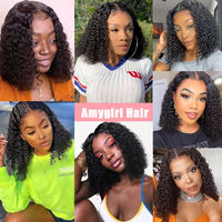 Perruques Bob Courtes Bouclées Kinky de Luxe Vietnamiennes 5*5 en Dentelle Cheveux Humains Remy Texture Naturelle Taille Moyenne Transparentes Sans Colle 210% Toutes Tailles