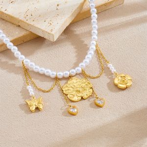European Style Pearl Necklace Gold Plated Stainless Steel Multi Element Pendant Flower Star Heart Shape Party Jewelry - Product Image 3