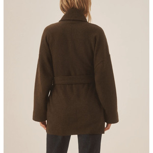 Women <b>Brown</b> Shawl Collar Wool Blend Coat Casual Self <b>Tie</b> Belt Waist Mid Length Ladies Winter Woolen Outerwear - Product Image 3