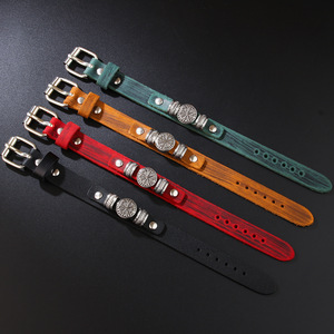 Men's Genuine <b>Leather</b> <b>Bracelet</b> With Compass Snowflake Design Punk Style Jewelry Gift For Men Black Brown Red Green Colors - Product Image 3