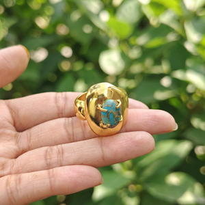 Modern jewelry blue copper turquoise oval stone <b>adjustable</b> <b>ring</b> brass 18k gold plated prong set bold statement cocktail <b>rings</b> - Product Image 4