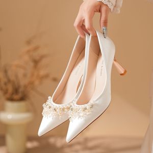 <b>White</b> Satin Pointed Toe <b>Heels</b> With Pearl Bead Decoration High <b>Heel</b> Wedding Party <b>Shoes</b> For Women Elegant Style 7999-1 - Product Image 2
