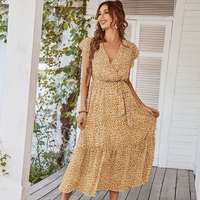Shygimy — robe une pièce avec ceinture pour femme, tenue Vintage à manches courtes, col en V croisé, en mousseline de soie, imprimé Floral, style Boho décontracté, Maxi, été