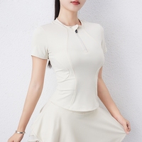 Pakaian Yoga Atasan Olahraga Lengan Pendek Wanita Kaos Setengah Resleting Musim Panas Lari Slim-fit Kerah Fitness