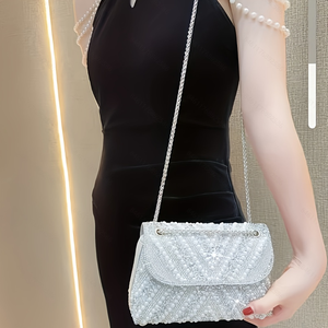 Handmade Full Diamond Pearl PU Ladies Evening Banquet Crossbody Flap Magnetic Closure 1-1.9L Luxury <b>Handbag</b> - Product Image 6