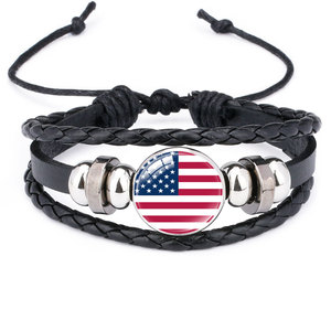 Bracelet en cuir tressé avec perles en fer rétro et drapeaux nationaux des États-Unis, du Canada et d'Allemagne – Vente en gros – Cadeau Bijou - Product Image 1