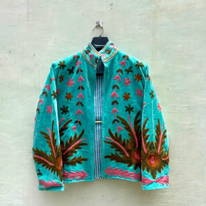 Ethnic Turquoise <b>Velvet</b> Embroidered Suzani <b>Jacket</b> With Floral Pattern Full Sleeve Stand Collar Handmade <b>Women</b> Winter Outerwear - Product Image 1
