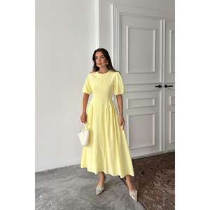 Yellow A-Line Linen Dress O-Neck Puff Sleeve Breathable <b>Wrap</b> <b>Tie</b> Midi Length Women's Dress - Product Image 3