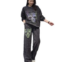 Vêtements pour femmes grande taille de style européen et américain, style coréen, sweat-shirt à col rond, ensemble pantalon imprimé léopard, manches longues, ensemble pour femmes
