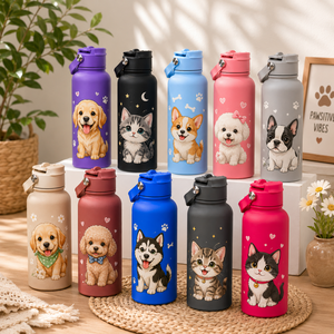 Botella Portátil con Tapa Abatible, Aislada al Vacío, de Acero Inoxidable 304, con Diseño Personalizado de Dibujos Animados de Mascotas y Letras, para Camping, Senderismo y Uso Diario - Product Image 1