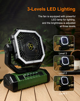 Ventilateur de camping extérieur avec batterie externe, 4 vitesses de vent, 3 niveaux d'éclairage LED, ventilateur suspendu rotatif, sortie USB pour pique-nique, pêche, tente