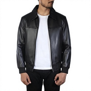 Chaqueta de Cuero Vacuno Negra para Hombre, Estilo Bomber, Cuello Camisero, Cierre de Cremallera, Estilo Motero, Corte Regular, para Otoño - Product Image 1