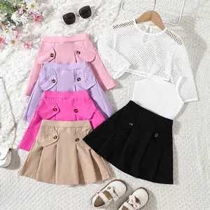 Hot Selling Product Summer Kids Girls Strap Inside Hollow Smock And Pleated Skirt Set