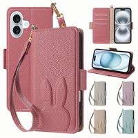 Nouvelle coque magnétique à rabat motif lapin mignon pour iPhone 16/16E/16 Plus/15 Pro/14, étui portefeuille pour iPhone 8 Plus avec cordon