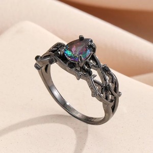 Anillos de circonita mística con corte de gota de agua ZhuQian al por mayor, tono negro, para mujer, joyería gótica vintage con diseño de espina y enredadera para fiesta - Product Image 4