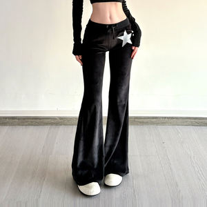 Pantalon de sport décontracté pour femme, coupe ample, patchwork en velours, devant plat, volants, style Y2K, jambe évasée basse, fermeture à cordon de serrage, écoresponsable - Product Image 3