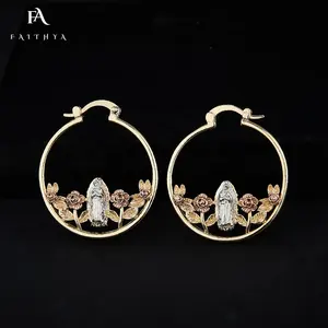 FE3004 Wholesale Luxury Gold Filled Guadalupe Religious Jewelry Rose Flowers Tricolor Virgin Mary Gold Hoops Earrings
