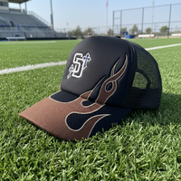 Gorra Trucker Premium Personalizada de 6 Paneles, Transpirable, Impermeable, de Espuma y Malla, Bordada con Llama de Fuego Marrón, Estilo Deportivo, para Carreras y Béisbol
