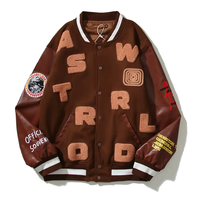 Brown Coat Spring Plush Embroidery Loose Letterman Jacket Of Men High Quality American Style Pu Leather Sleeve Stitching Wool