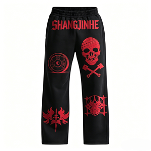 <span class=keywords><strong>Pantalon</strong></span> de survêtement homme décontracté taille mi-haute coupe droite en sergé 100% coton épais personnalisé SJH, imprimé multi-têtes de mort style gothique - Product Image 2