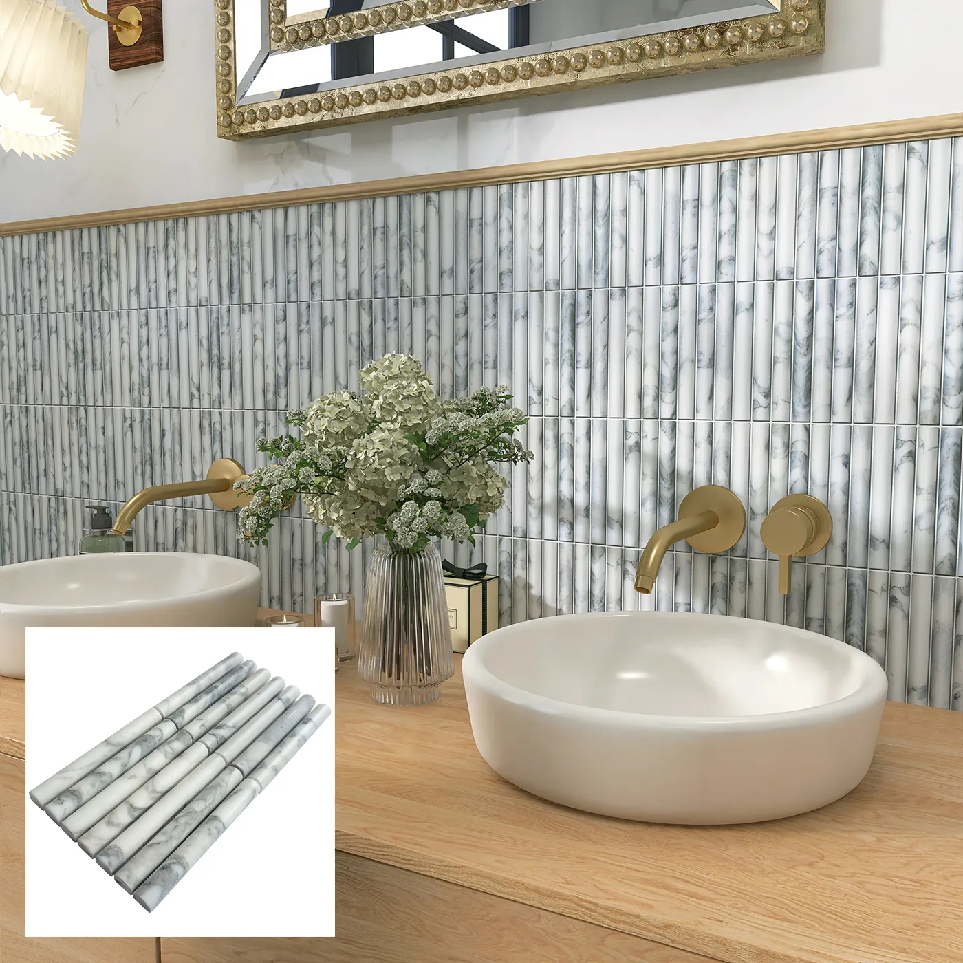 Azulejos de mosaico de 305x305 con diseño de forma de semiciclo de piedra Natural blanca para cocina Backsplash Tub Surround