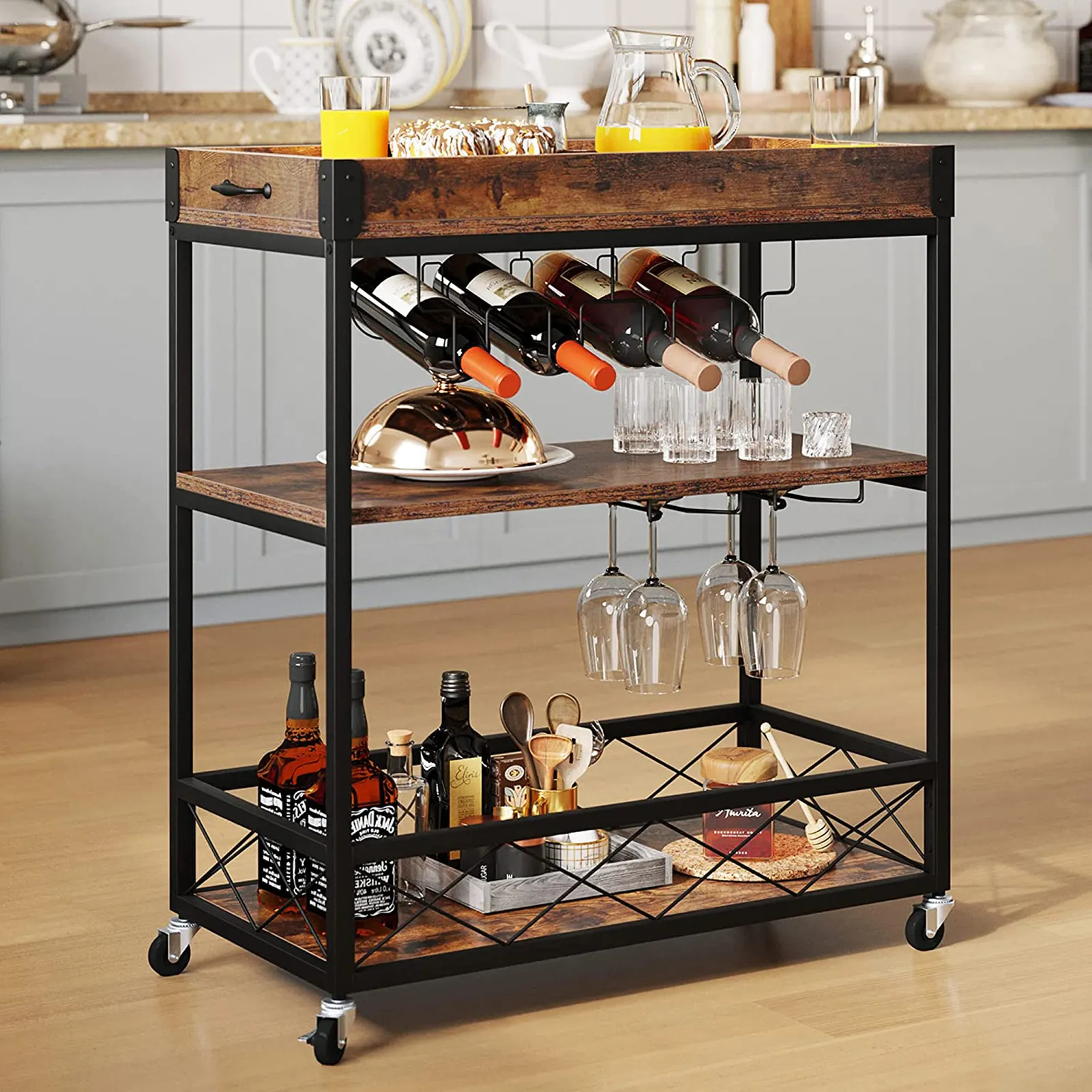 The Home Mobile Serving Cart on Wheels with Removable Wood Top Container 3-Tier Kitchen Cart with Wine Rack Glasses Holder