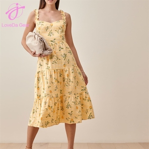 Loveda Wholesale Women Party Wear Casual Sexy High-waisted Checkered <strong>Lemon</strong> <strong>Print</strong> Ruffled Shoulder Strap Suspender <strong>Dress</strong> - Product Image 1
