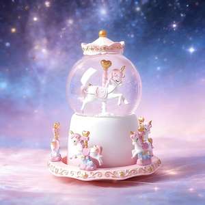 Schattige hars carrousel draaiende sneeuwbol muziekdoos met LED-licht kristallen bol bureaudecoratie verjaardagscadeau voor meisjes - Product Image 3