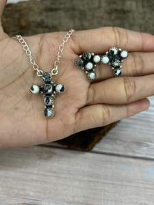 HANDMADE 925 STERLING SILVER WHITE BUFFALO <b>CROSS</b> <b>NECKLACE</b> WITH EARRING SET JEWELRY FOR <b>WOMEN</b> - Product Image 2