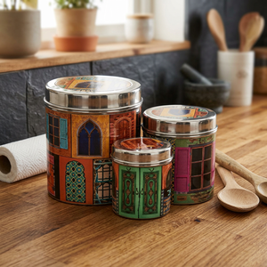 Moroccan Style stainless steel Spice <b>Containers</b> With Lid Round Design For <b>Kitchen</b> <b>Storage</b> Printed Pattern Decorative Food jar - Product Image 2