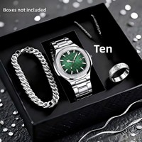 Coffret Cadeau Montre et Bijoux Homme 4-en-1 avec Logo Personnalisé, Montre Acier Cadran Bleu, Collier Croix, Bracelet Cubain, Bague et Boîte – Idéal Fête des Pères