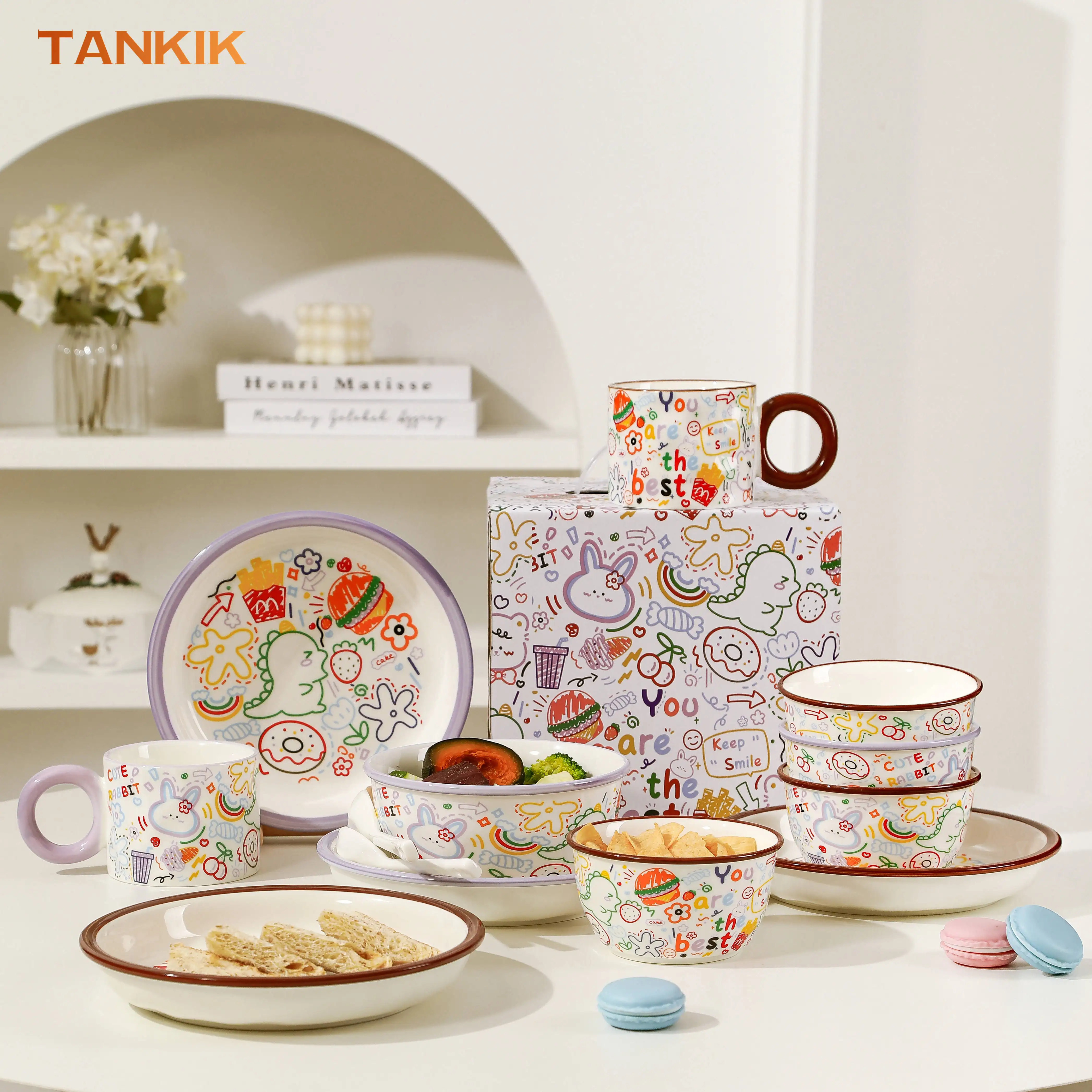 Kawaii sevimli çocuk çocuk baskı mor renk Crockery yemek için derin çanak plaka çorba kasesi sofra hediye seti 2