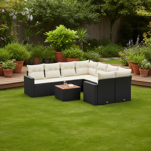 Conjunto de sofá de jardín de ratán blanco crema y negro con cojines, 6 plazas, muebles de exterior, diseño contemporáneo - Product Image 3