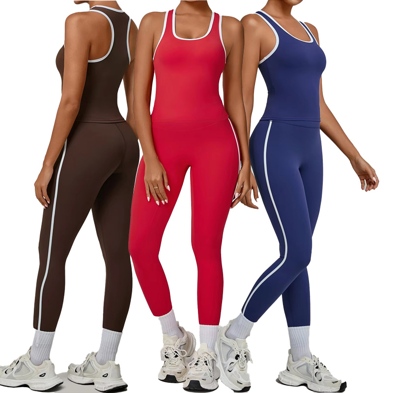 Ladies Workout Exercise Active Wear Shockproof Padded Tank Top High Waist Pants Fitness Yoga Wear with Side Stripes