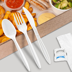 Set di posate in plastica PP di peso medio da 500 pezzi con contenitori per sale e pepe, colore bianco - Product Image 1