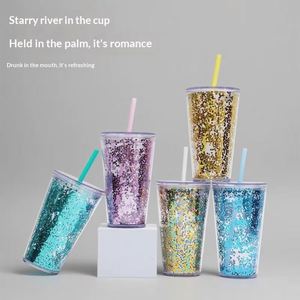 16Oz 480Ml Hot-Selling Double-Layer Plastic Minimalist Transparent Milk Juice <b>Large</b> Capacity Tumbler Mug <b>Cup</b> With Sequins Straw - Product Image 5