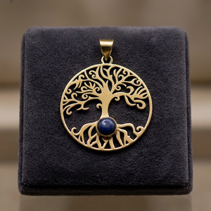 Grand arbre de vie en laiton doré avec pendentifs à breloques en pierre Lapis Lazuli pour la fabrication de bijoux de collier 30 mm - Product Image 1