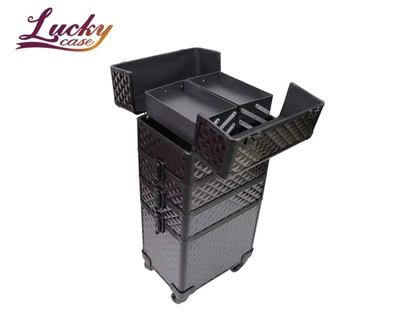 Professional Makeup Trolley Case Fashion Diamond 4で1 Large Rolling Cosmetic Case Black Aluminum Beauty Case