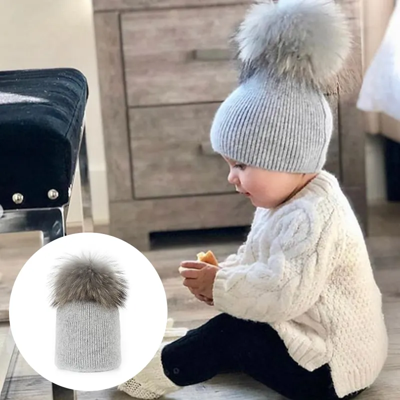 Высококачественные детские шапки с помпоном из меха енота вязаная детская зимняя шапка шерстяная шапка