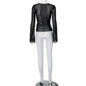 Sexy <strong>See</strong> <strong>Though</strong> Two Pieces Pants Set With Bow Long Sleeve Mesh Crop <strong>Top</strong> and Point Print Legging Pants - Product Image 6