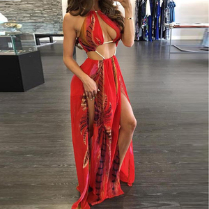 Della signora di stampa <span class=keywords><strong>Rosso</strong></span> Floreale Cut-Out Halter Maxi <span class=keywords><strong>Abito</strong></span> In Chiffon di Alta Fessura Vestito Da Estate di Vacanza tie chiusura dettaglio banchetto di notte vestito - Product Image 1