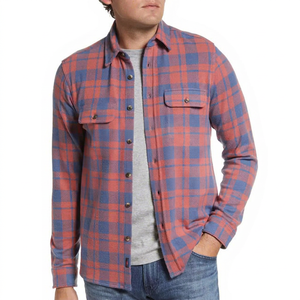 Customized Logo Lightweight Wool/Cotton <b>Flannel</b> Shirt Men Patch Pocket Curved Hem Plaid Pattern Full Sleeve Breathable 240g - Product Image 1