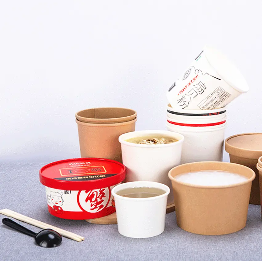 8 12 16 26 32 oz क्राफ्ट कागज सूप कप ढक्कन के साथ कागज खाद्य पैकेजिंग कप कंटेनर नूडल कटोरा
