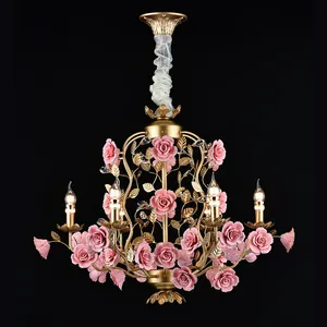 Romantic Modern Luxury Elegant Ceiling Lamp Ceramic Flower American Candle Chandelier Pendant Lamp Decoration for Hotel Villa