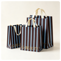 Sacs en papier kraft personnalisés avec poignées en coton, sacs de shopping en papier rayés en gros avec logo imprimé pour l'emballage de cadeaux de détail