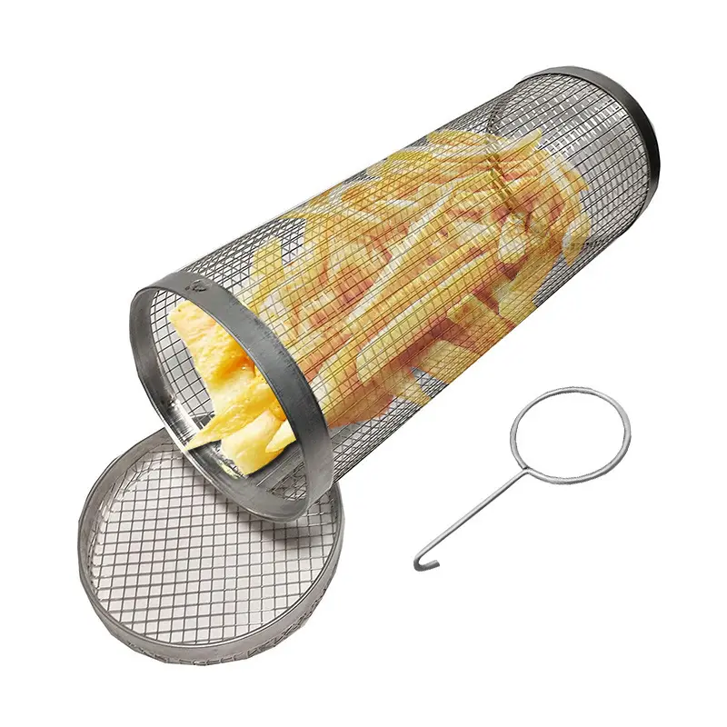 30cm large Rolling Grilling Basket Stainless Steel Round Wire Mesh BBQ Tube Camping Grill