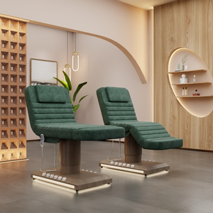 Table de massage haut de gamme en velours vert, 3 moteurs électriques, lit de beauté et de massage facial avec base LED effet bois, lit de spa pour la tête - Product Image 4